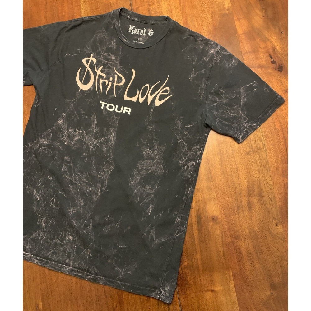 Karol G Strip Love Tour T Shirt Size L 2022 Black Smokey Tie Dye Concert Merch